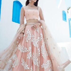 Peach Foil Embroidered Net Lehenga
